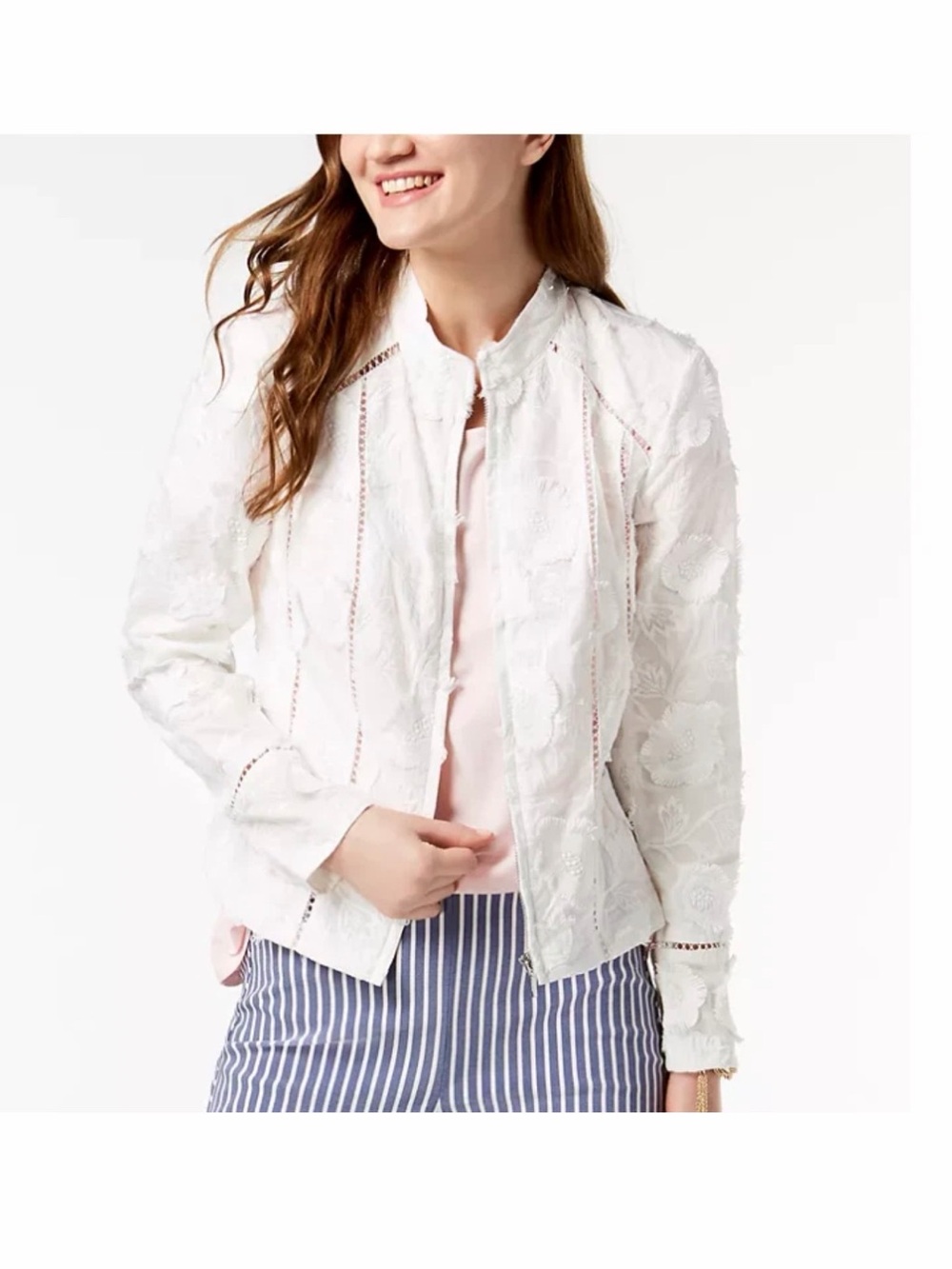 NWT INC Women's White Embroidered Lace Fringe Zip Front Jacket Small